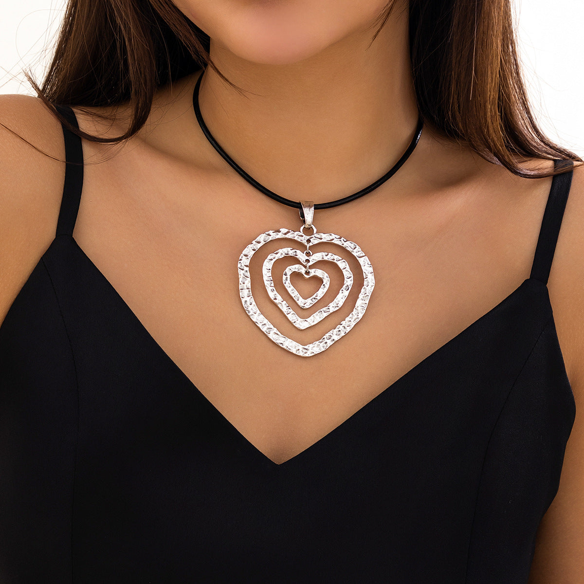 Sweet and Edgy Heart-Shaped Alloy Necklace with Plated Finish Adjustable Velvet Wax Cord