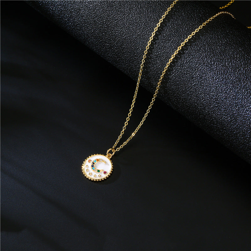 Elegant Drip Oil Moon Star Geometric Brass Inlay Necklace with Cable Chain
