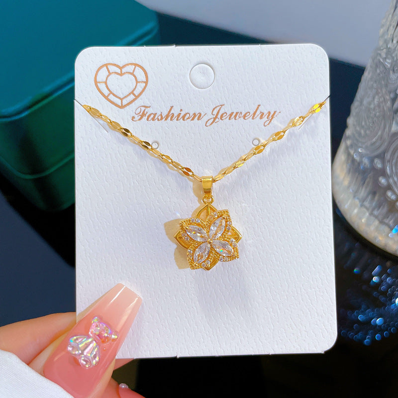 Rotating Floral Rhinestone Pendant Necklace Titanium Steel Geometric Luxury Sweet Necklace