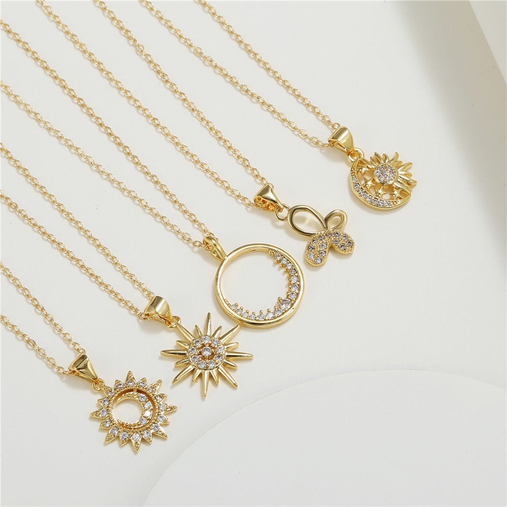 Casual Geometric Moon Sun Floral Brass Glass Cubic Zirconia Necklace Ball Chain Unisex