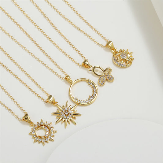 Casual Geometric Moon Sun Floral Brass Glass Cubic Zirconia Necklace Ball Chain Unisex