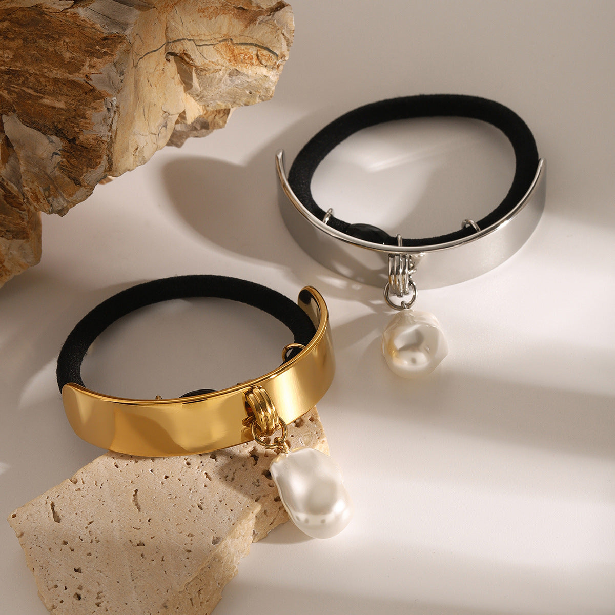 Sweet and Edgy Pearl Pendant Hair Tie with Electroplated Stainless Steel Band for Women