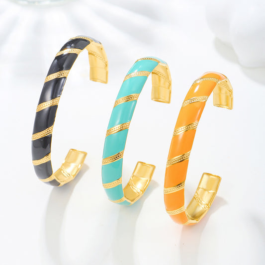 Vintage Geometric Drip Oil Plated Stainless Steel C-Shape Open Adjustable Bangle