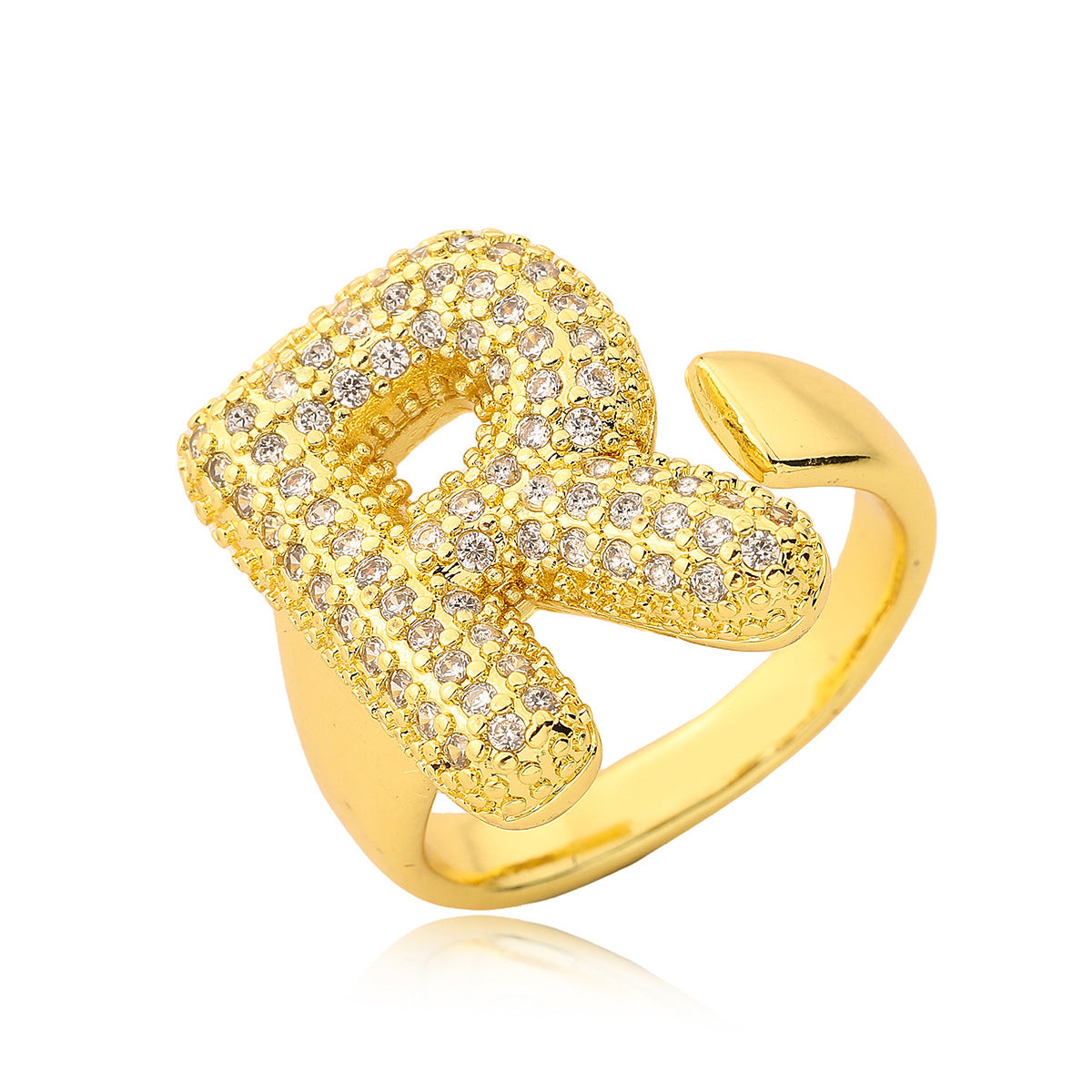 Minimalist Geometric Letter Zirconia Ring for Women in Copper with Gold Plating and Micro-Pavé Setting