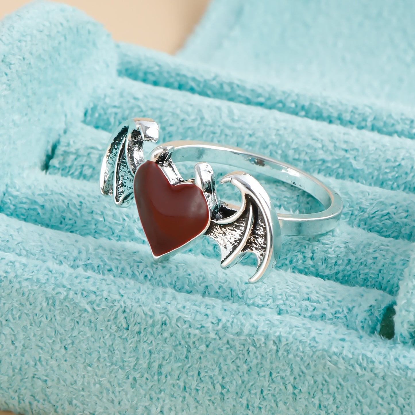 Retro-Style Red Enamel Heart-Shaped Metal Ring with Bat Wing and Demon Motif for Women