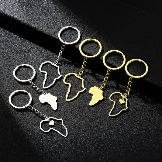 Ethnic Style Heart-Shaped Africa Map Keychain in Titanium Steel for Men and Women