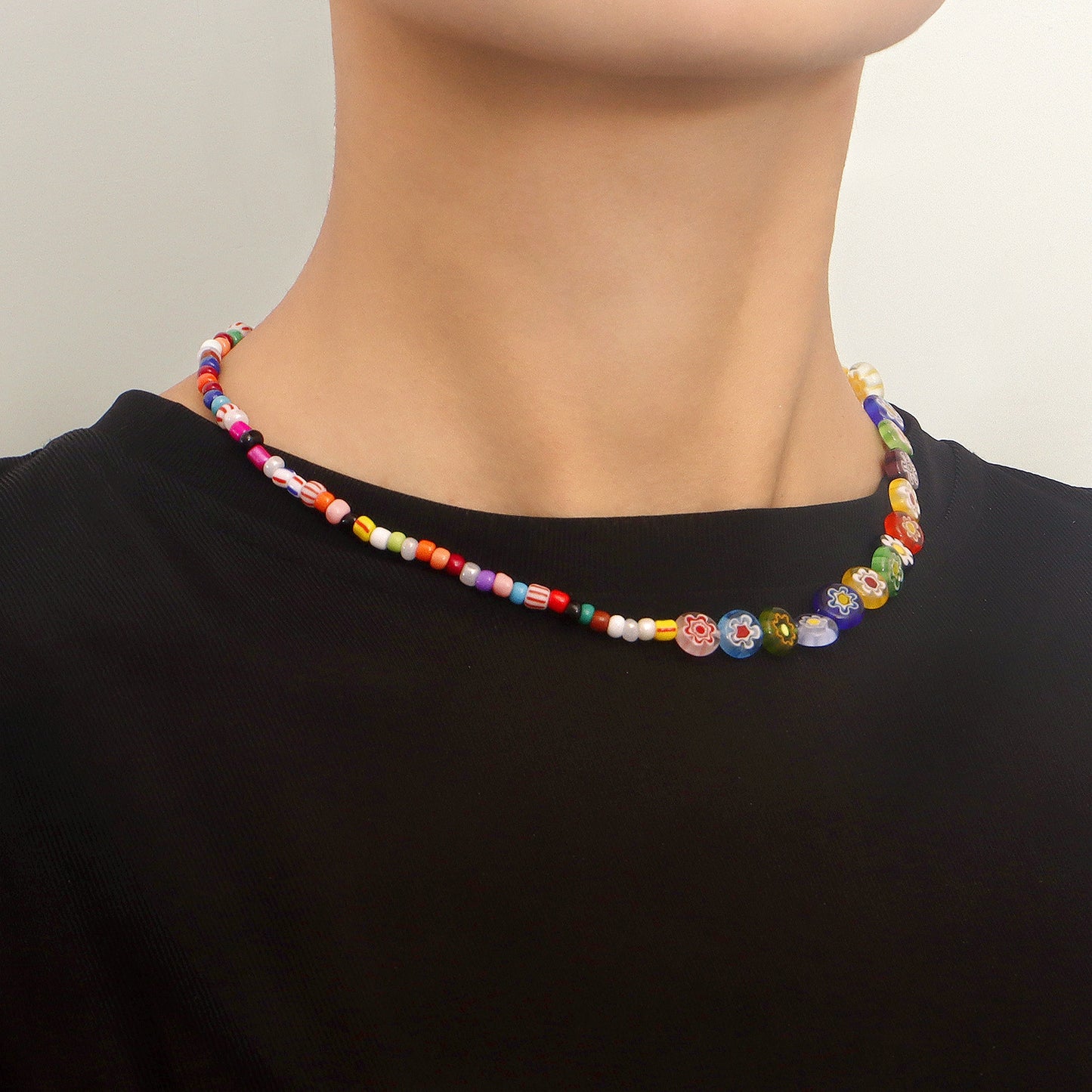 Handmade Geometric Glass Rainbow Flower Pendant Necklace for Women with Fresh Sweet Style
