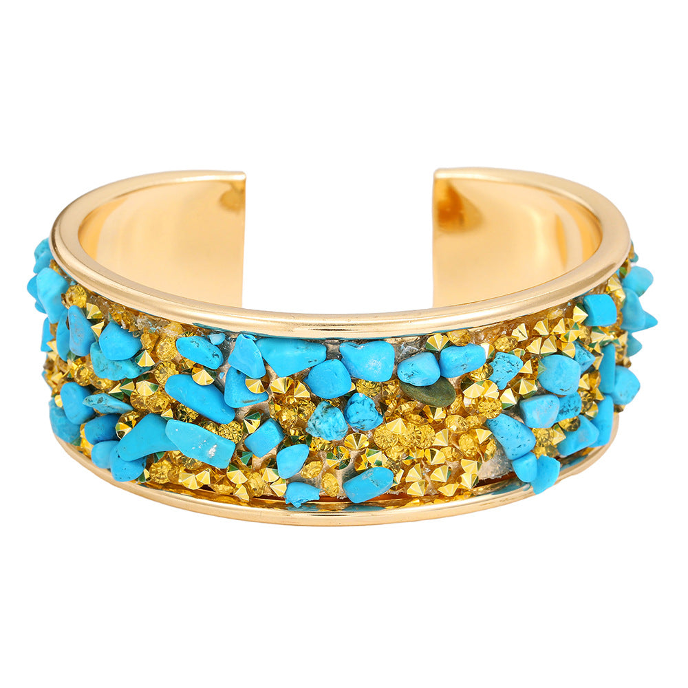 Exaggerated Geometric Round Rhinestone Inlay Plated Alloy Open Cuff Bracelet