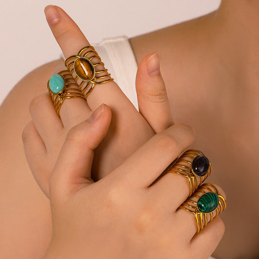 INS Style Geometric Stainless Steel Ring with Turquoise Inlay Adjustable Titanium Steel Women's Jewelry