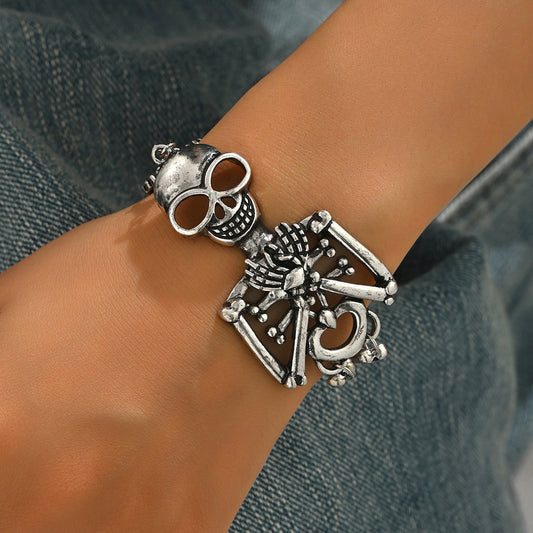 Conjunto de collar y pulsera con colgante de esqueleto de moda en aleación de zinc con acabado galvanizado para Halloween y uso diario