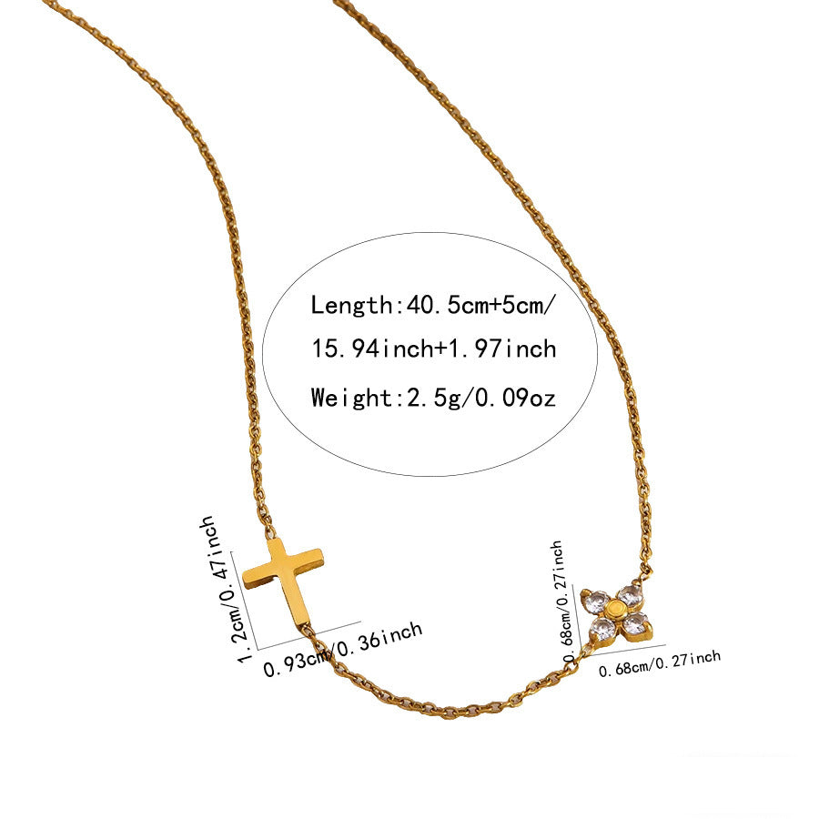 Sweet Elegant 18K Gold Plated Stainless Steel Cross Floral Necklace and Earring Set with Cubic Zirconia