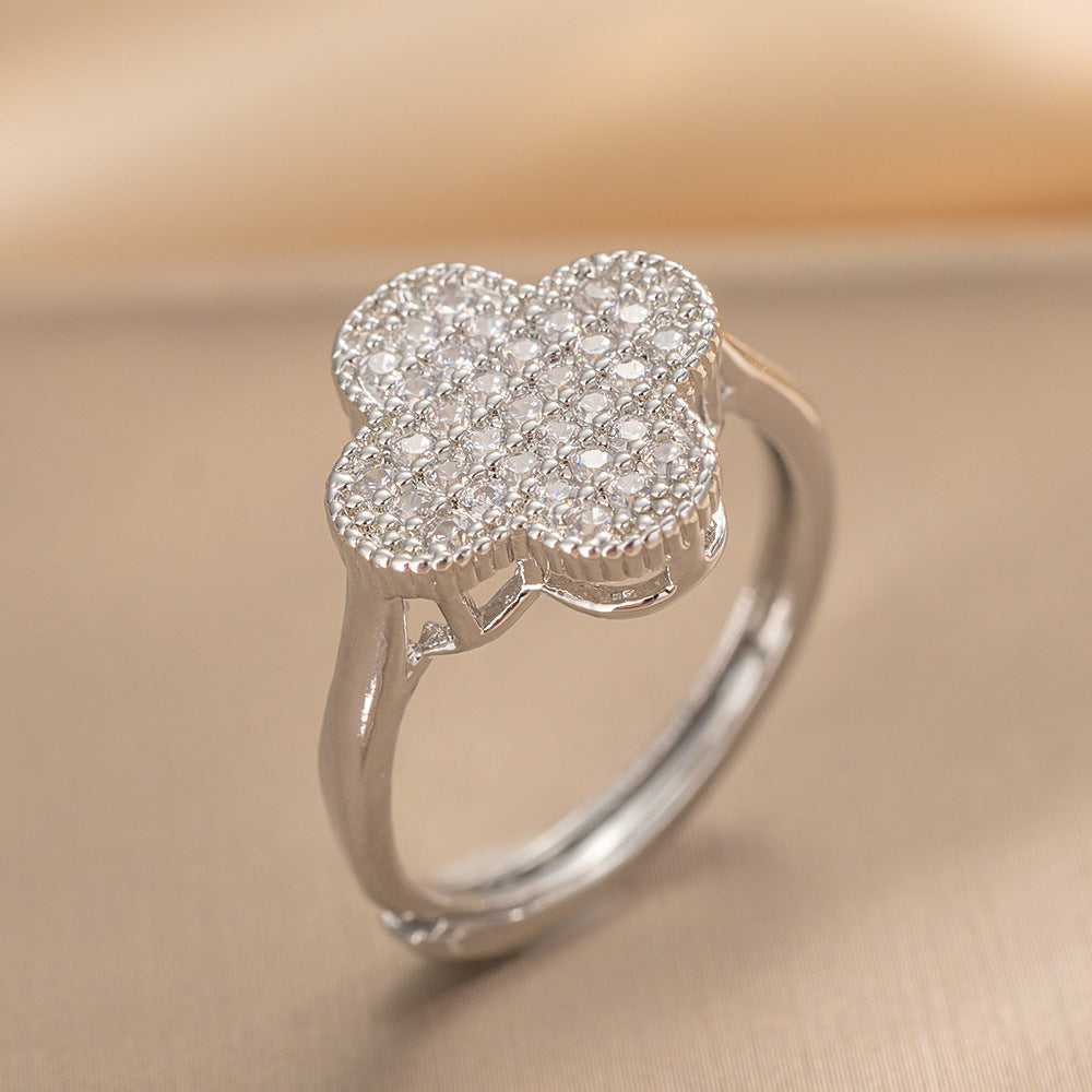 Luxury Minimalist Adjustable Open Ring for Women with Gold-Plated Copper Band and Zircon Stone Accent in Heart and Floral Shape