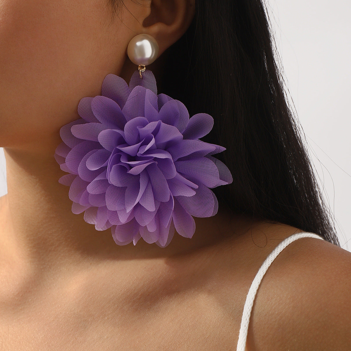 Pendientes colgantes de gasa floral dulce y perlas de imitación para mujer con diseño artesanal