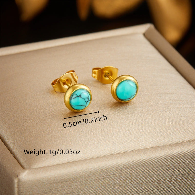 Vintage Minimalist Office Chic Stainless Steel Box Chain Necklace and Earrings Set with Round Turquoise Inlay