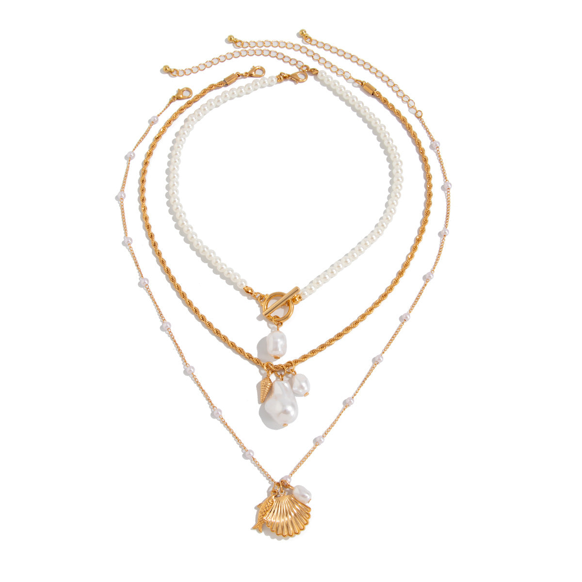 Collana pendente a conchiglia stile Instagram con perle finte e catena intrecciata da donna