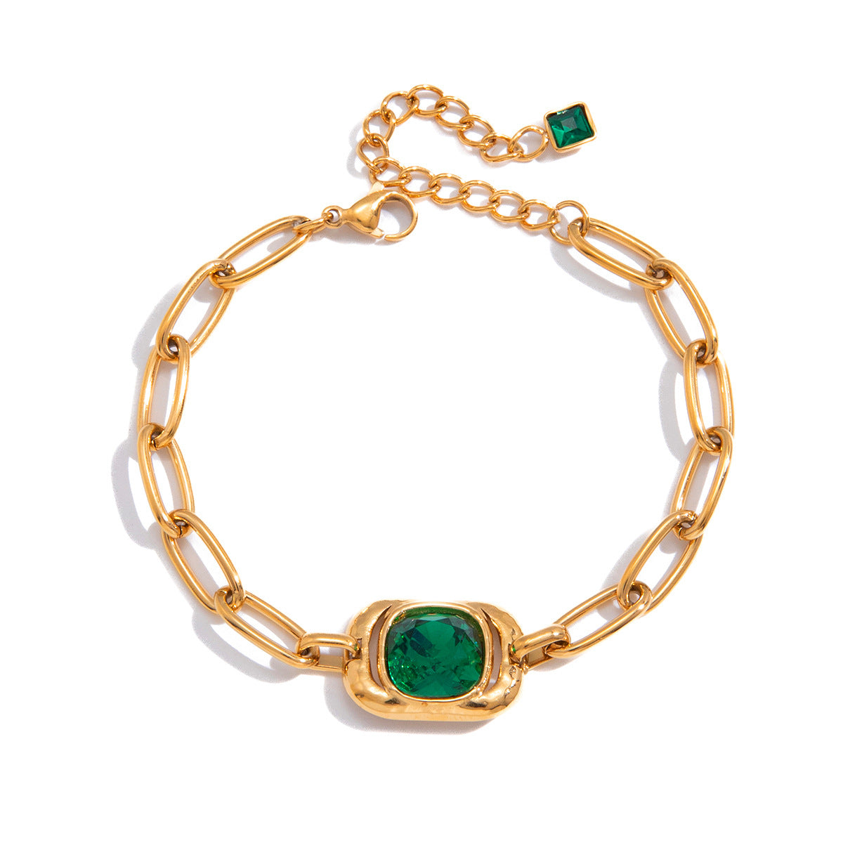 Elegant Geometric Stainless Steel Green Cubic Zirconia Link Ring Bracelet for Women