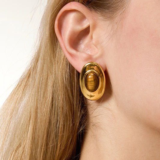 Aretes de tuerca ovalados geométricos minimalistas de lujo con ojo de tigre, chapados en oro de 18 quilates, acero de titanio para mujer