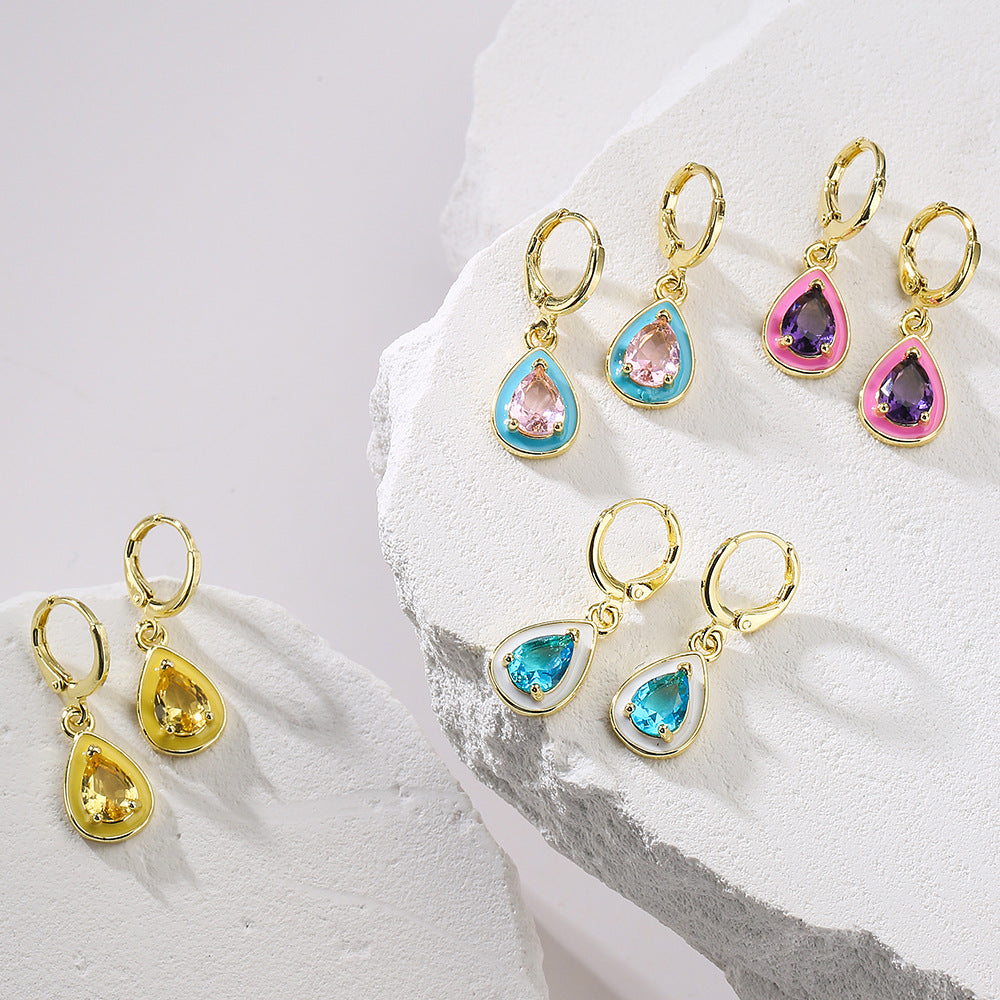 Bohemian Geometric Drip Enamel Zircon Drop Earrings for Women in Copper with Real Gold Plating