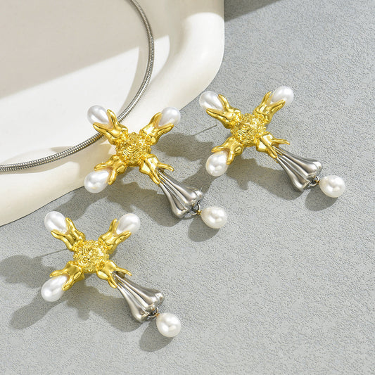 Set Collana con Ciondolo a Croce e Orecchini a Bottone da Donna, Stile Elegante, in Rame con Intarsio di Perle