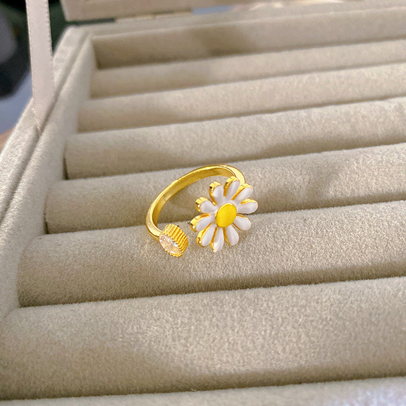 Sweet Minimalist Floral Cubic Zirconia Plated Titanium Steel Adjustable Ring for Women