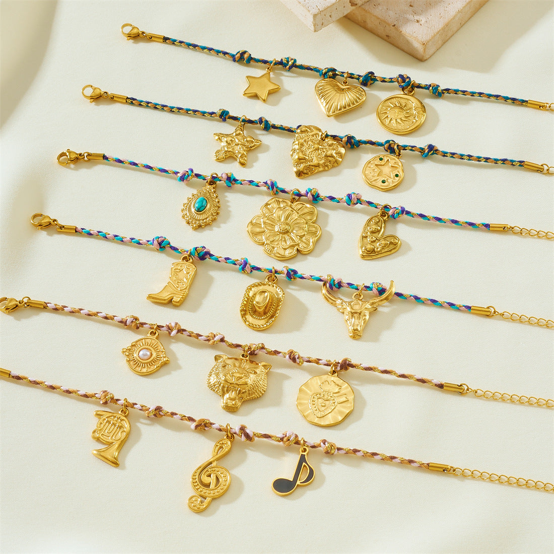 Bohemian Vintage Gold Plated Stainless Steel Rope Chain Floral Pendant Jewelry Set