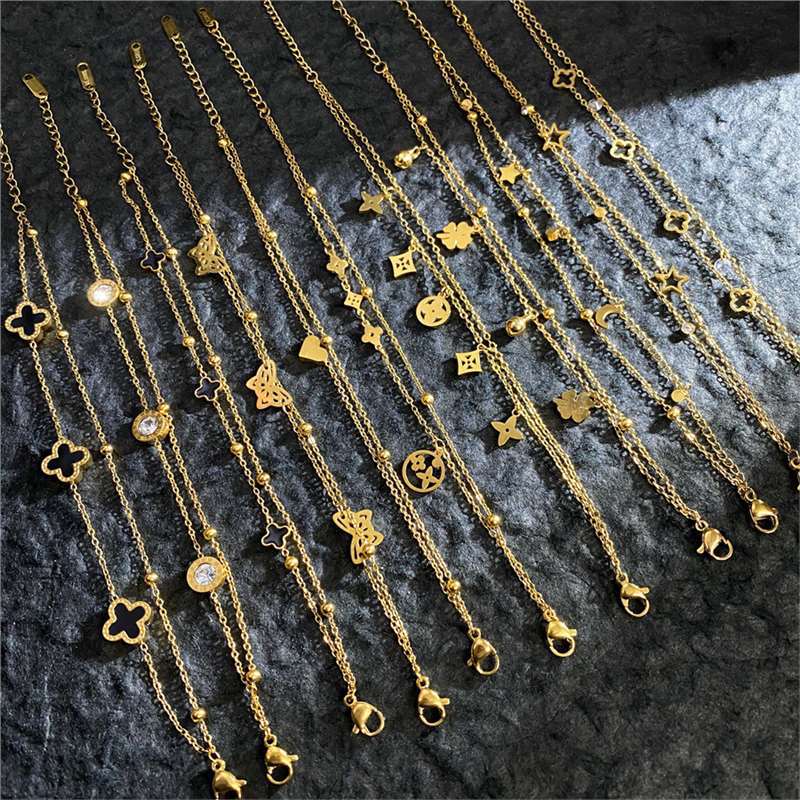 Original Design Geometric Four-Leaf Clover Roman Numeral Double-Layer Bracelet in Titanium Steel with Gold Plating