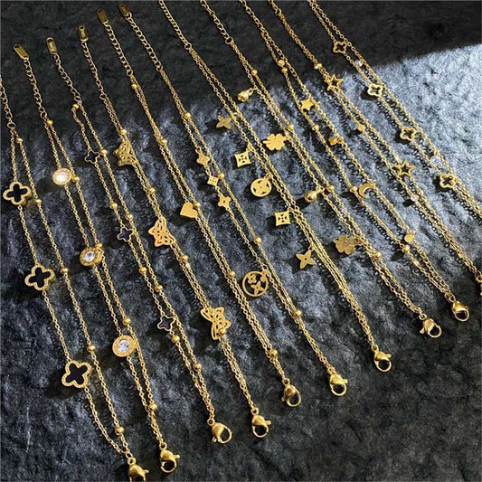 Original Design Geometric Four-Leaf Clover Roman Numeral Double-Layer Bracelet in Titanium Steel with Gold Plating
