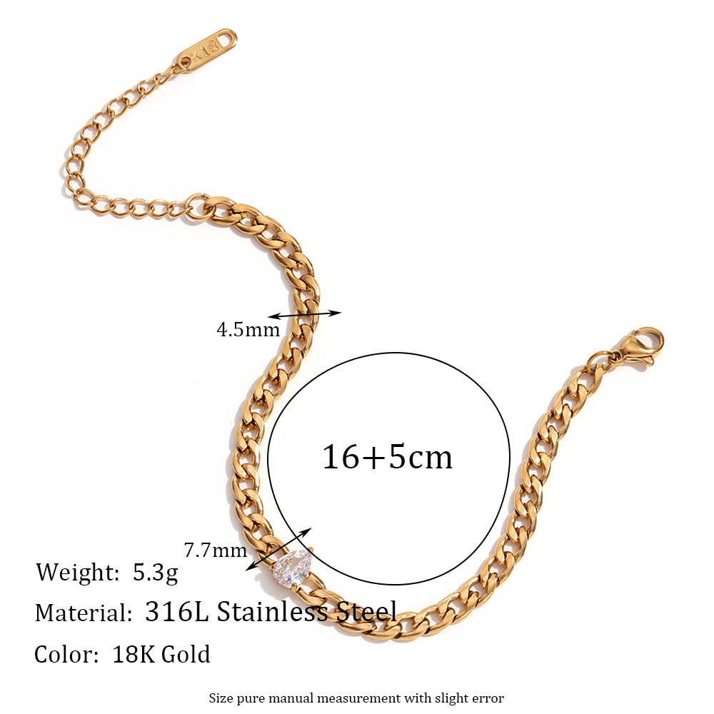 Minimalist Fashionable Women's Stainless Steel Plated 18K Gold Round Zircon Snake Chain Bracelet with Geometric Design