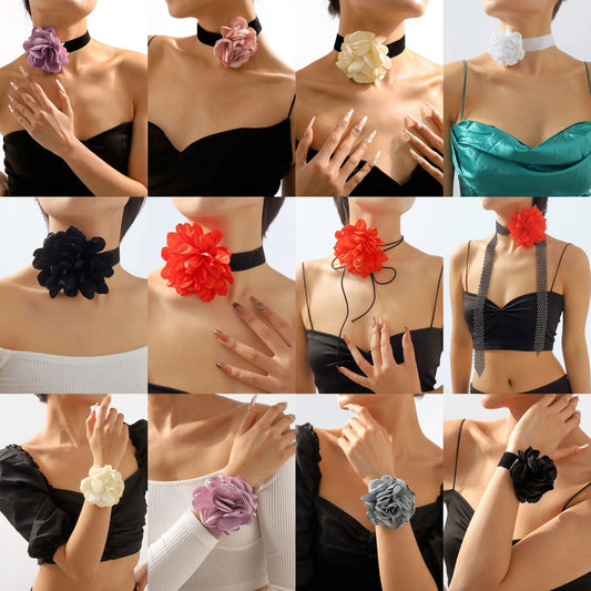 Sweet-Edgy Geometric Rose Flower Choker Necklace for Women with Flocked Fabric and Alloy Accents