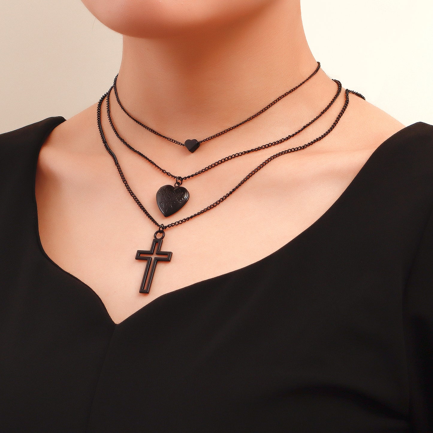 Geometric Heart and Cross Pendant Necklace for Women with Black Plated Alloy Chain and Openable Design