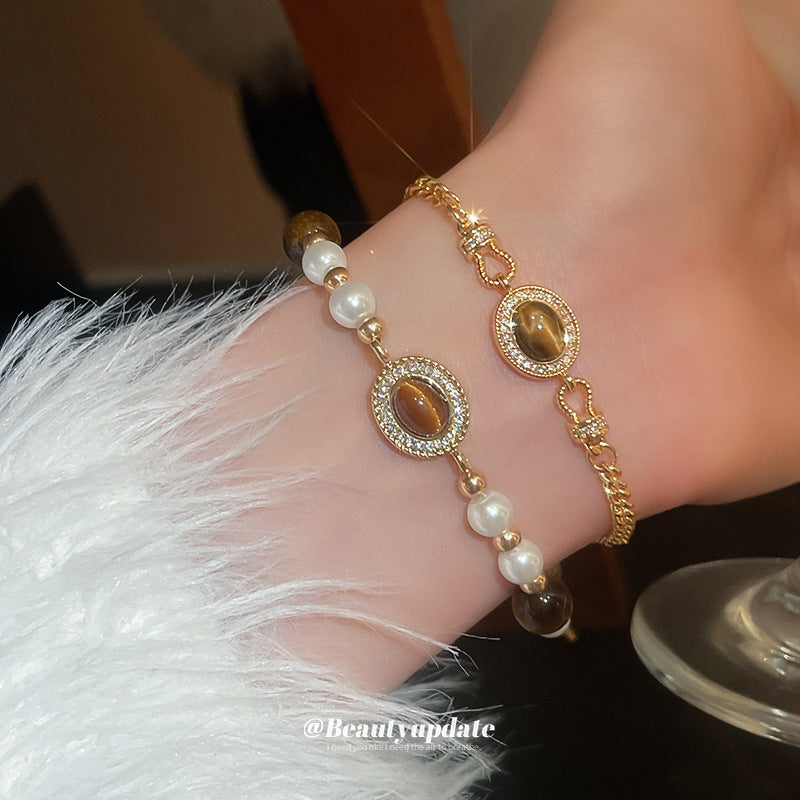 Pulsera de perlas geométricas incrustadas de diamantes de imitación en tono caramelo para mujer, estilo de corte francés vintage, accesorio de moda elegante