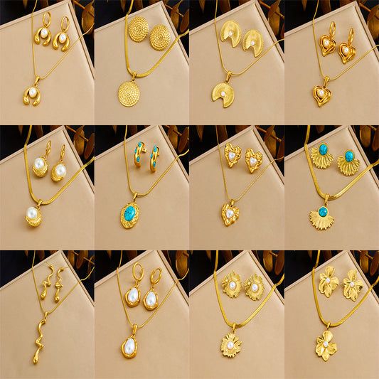 Vintage Gold Plated Heart Teardrop Stainless Steel Necklace and Earring Set with Turquoise and Pearl on Snake Chain for Women