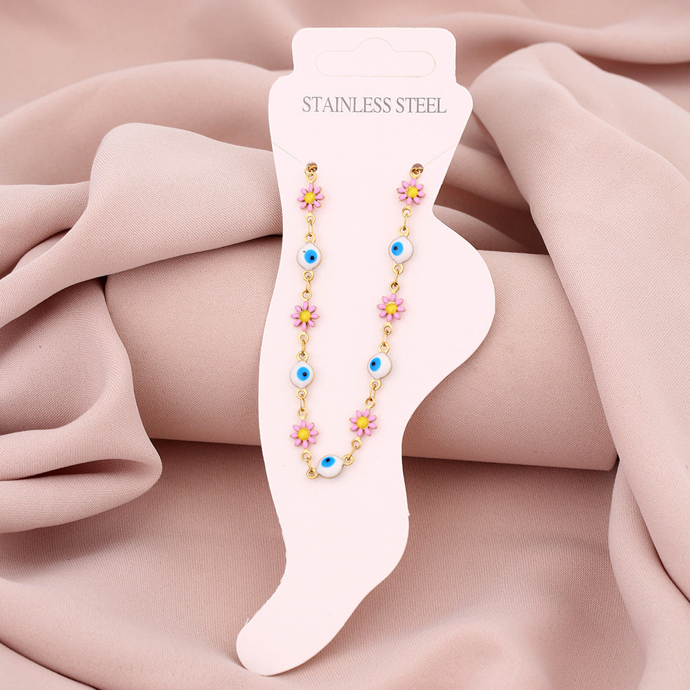 Elegante cavigliera geometrica in acciaio inossidabile da donna con motivo a petalo e occhio, accessorio di moda di lusso minimalista