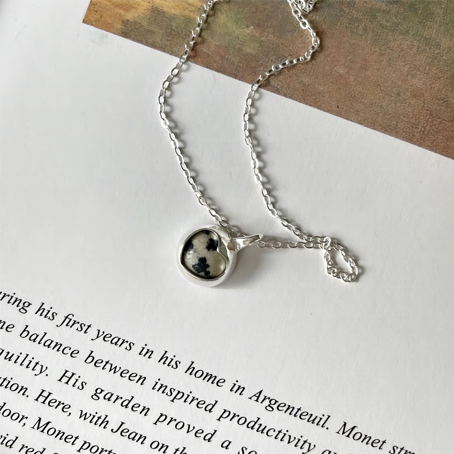 Minimalist Heart-Shaped 925 Sterling Silver Zebra Stone Pendant Necklace with Snake Chain, Plated Finish