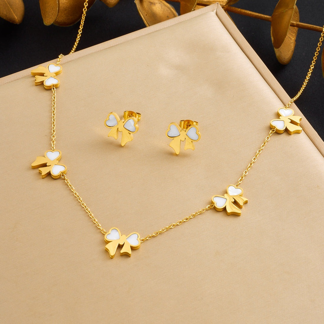 Minimalist Elegant White Gold Plated Bow Knot Stainless Steel Jewelry Set for Women