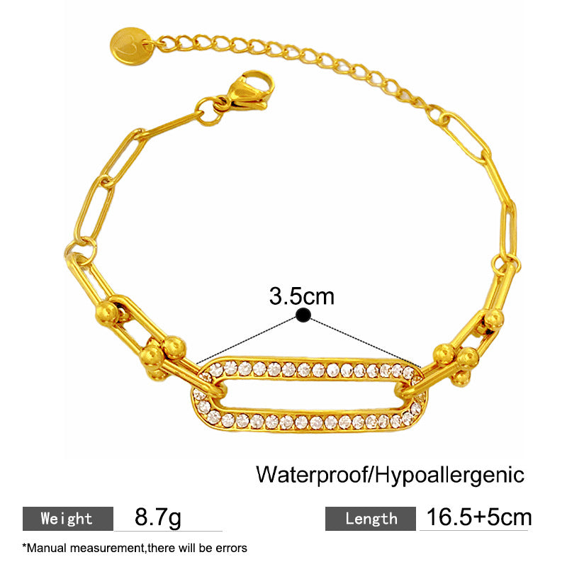 Minimalist Geometric Micro-Inlaid Cubic Zirconia Titanium Steel Paperclip Horseshoe Clasp Chain Bracelet