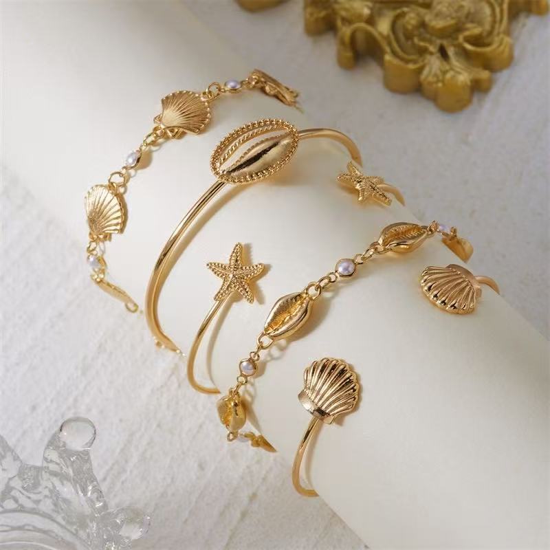Minimalist Geometric Alloy Plated Shell Imitation Pearl Open Cuff Bracelet Set for Women