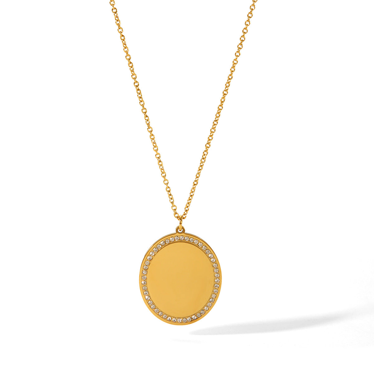 Ins Style 18K Gold Plated Titanium Steel Oval Geometric Pendant Necklace with Rhinestones for Women