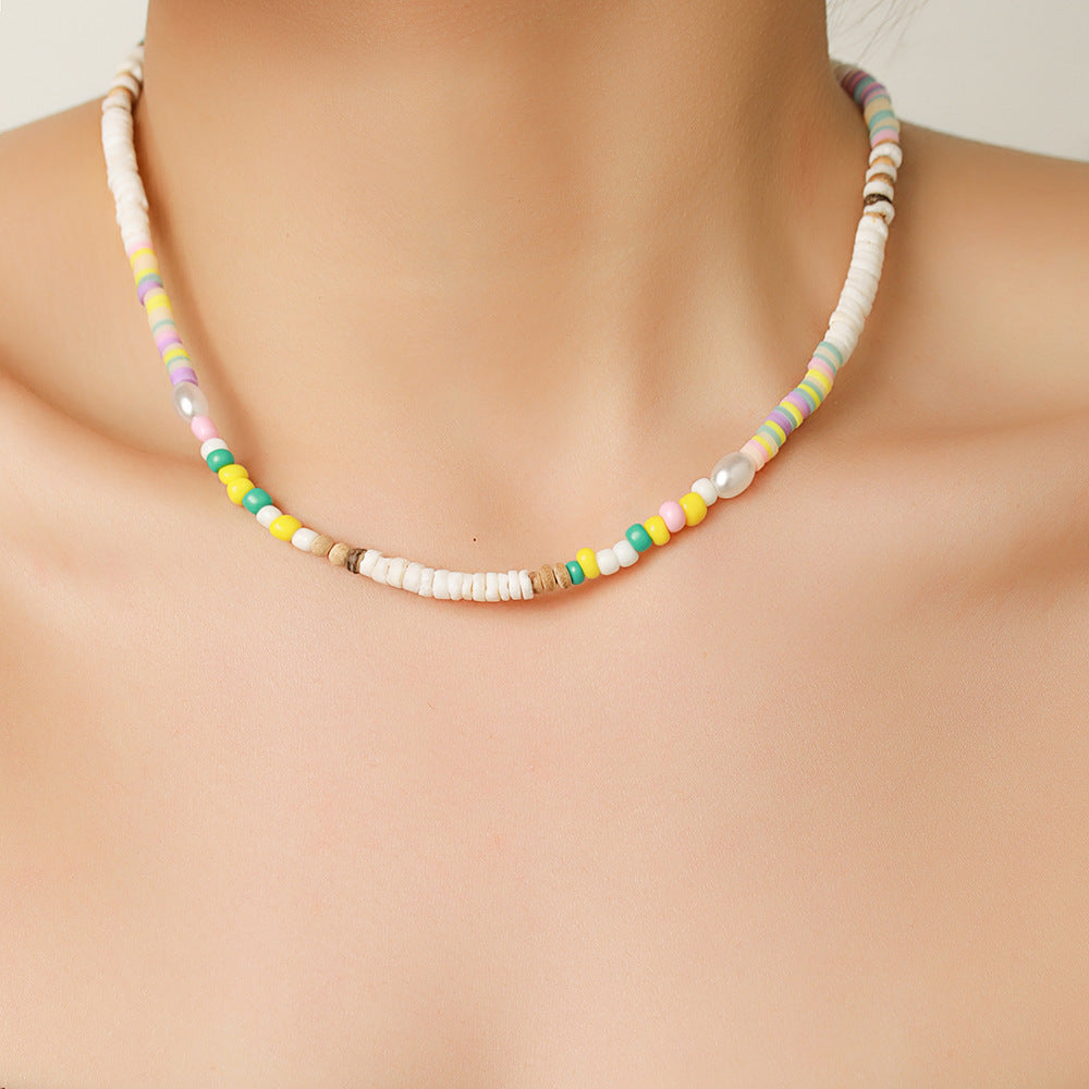 Bohemian Colorful Seed Pearl Geometric Stainless Steel Plated Necklace for Women