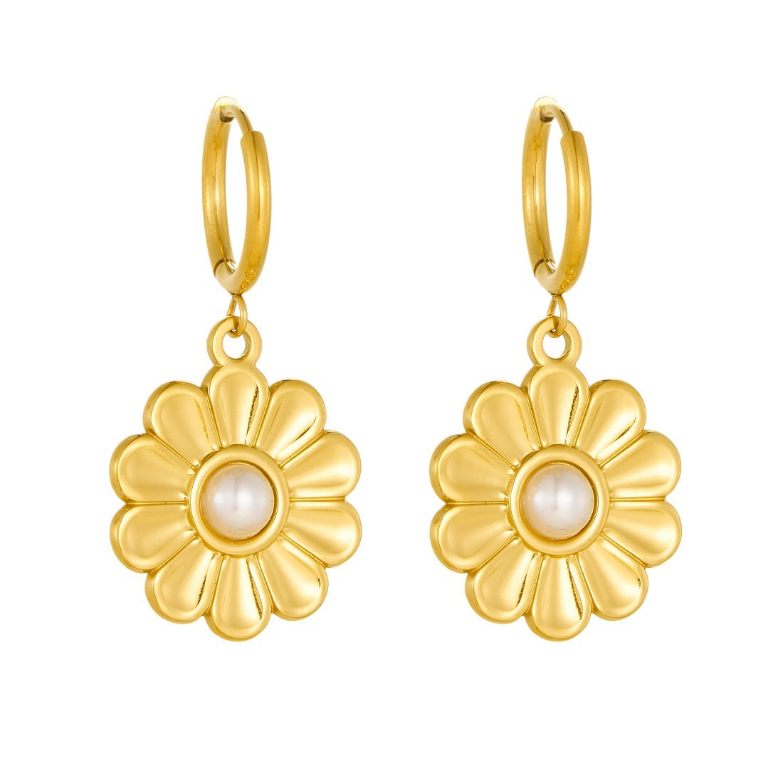 Minimalist Gold Plated Stainless Steel Floral Daisy Earrings with Imitation Pearl