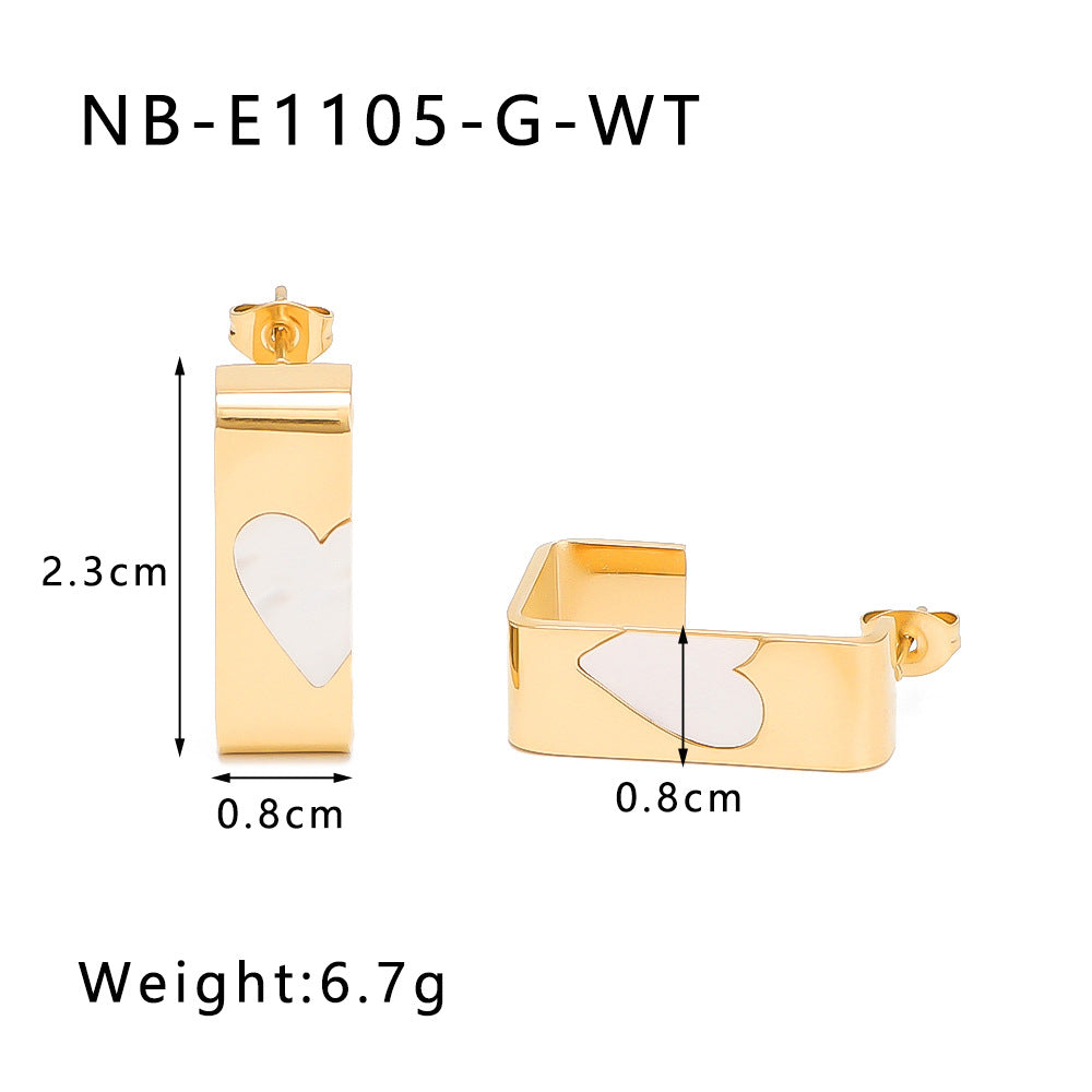 Minimalist Rectangular Stainless Steel Earrings with 18K Gold Plating and Mother-of-Pearl Inlay Heart Accent