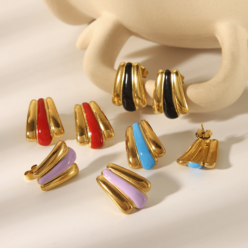 Geometric Fan-Shaped Enamel Stainless Steel Earrings with 18K Gold Plating for Women