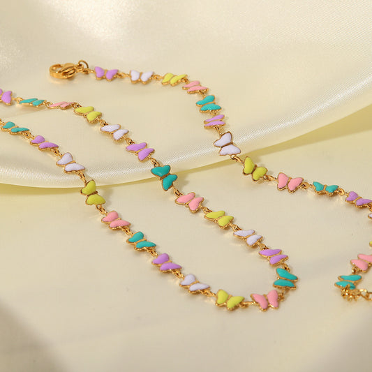 Fashionable Ins Style 18K Gold Plated Stainless Steel Enamel Butterfly Necklace Set for Women