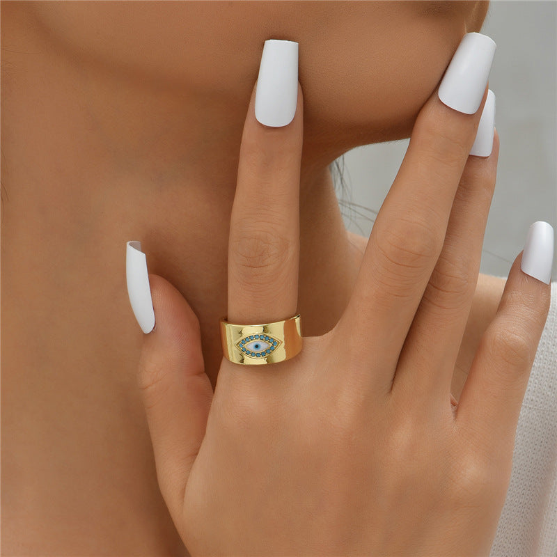 Geometric Open Ring with Turquoise and Cubic Zirconia Inlay, Gold-Plated Copper, Bohemian Style