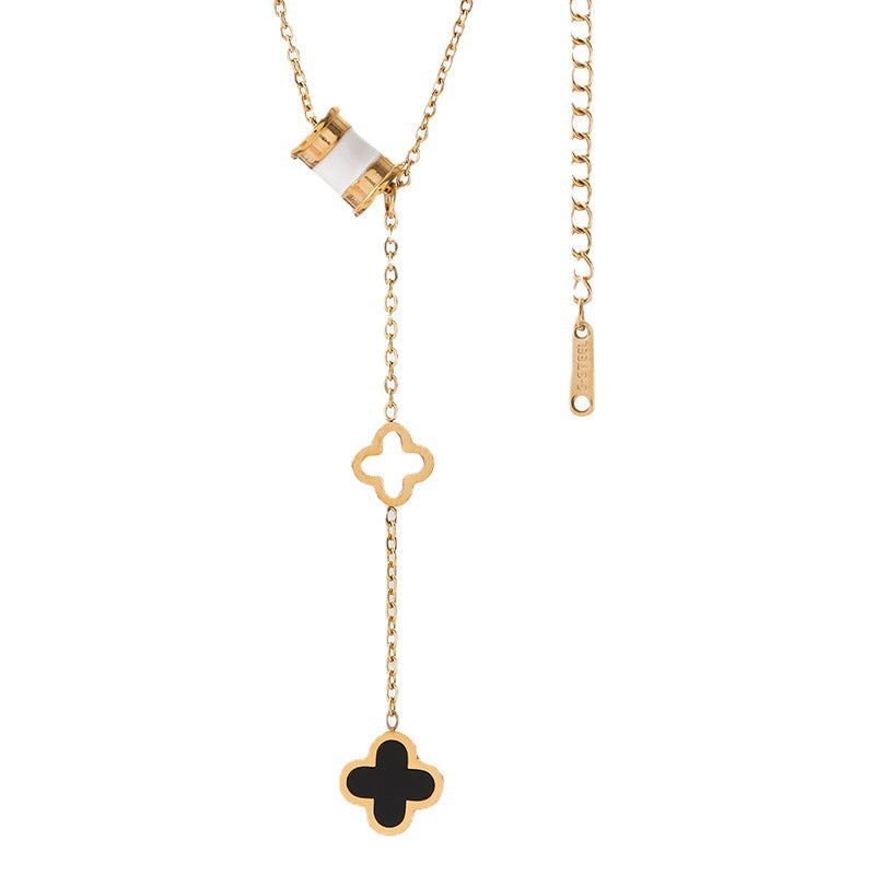 Minimalist Four-Leaf Clover Pendant Necklace in Titanium Steel with Gold Plating on Ball Chain for Women