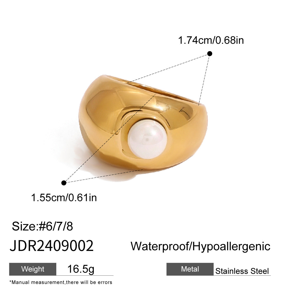 Anillo de acero inoxidable geométrico vintage con incrustaciones de perlas y acabado chapado para mujer