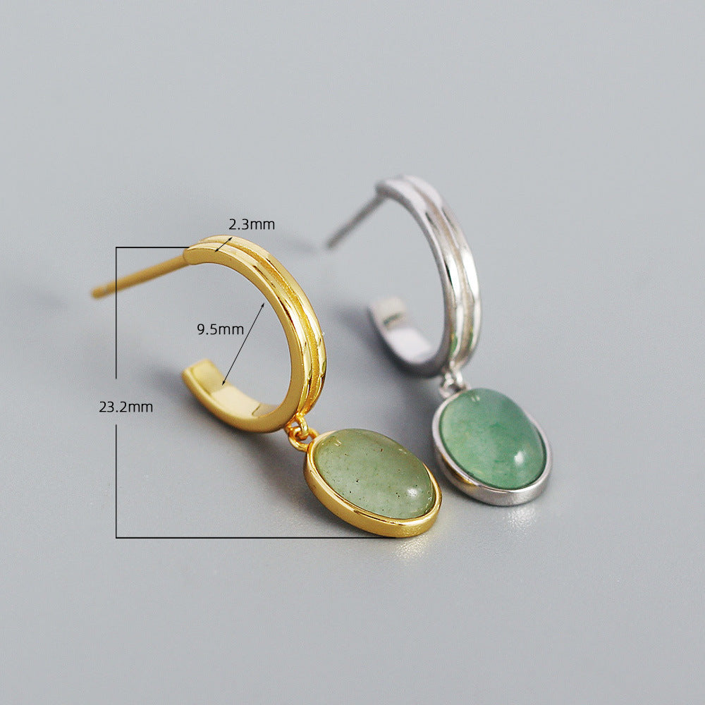 Minimalist Vintage S925 Sterling Silver Geometric C-Shaped Aventurine Inlay Earrings