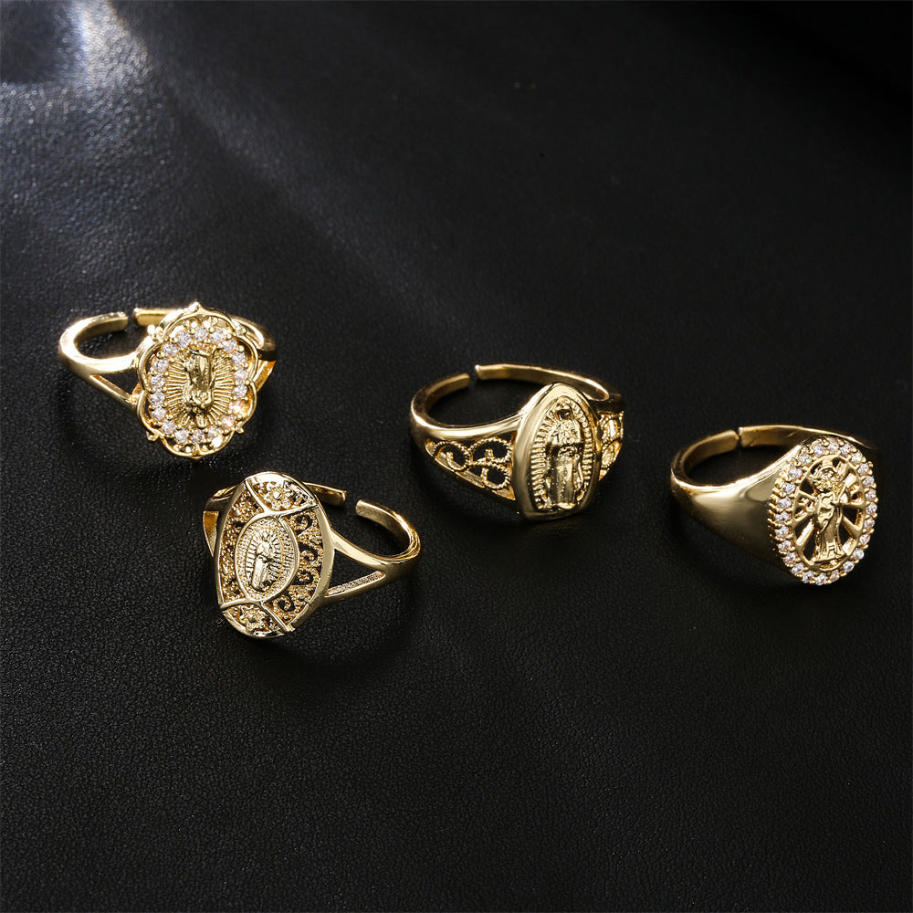 Geometric Style Copper Ring with Gold Plating and Zircon Inlay for Women Religious Jewelry