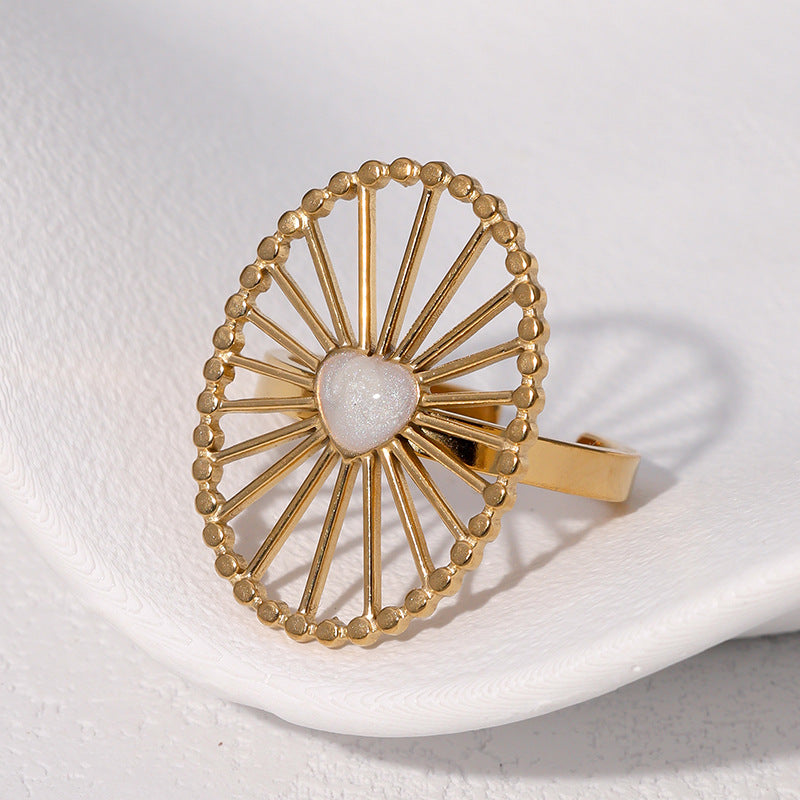 Anello Minimalista Geometrico da Donna in Acciaio Inossidabile Smaltato con Fascia Aperta e Dettaglio a Cuore
