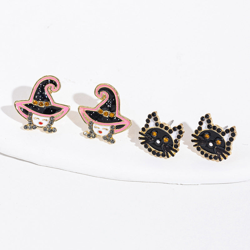 Orecchini Eleganti a Mostro Cartone Animato con Finitura Smaltata e Strass per Donna, Design Zucca di Halloween e Maschera da Strega